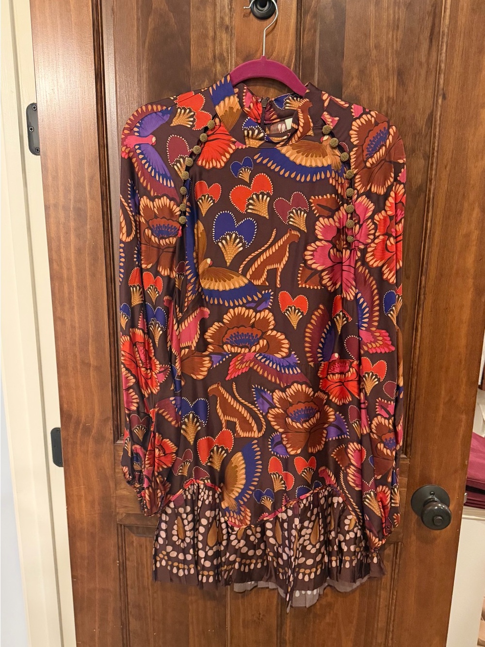 FARM Rio Brown Floral Long-Sleeve Mini Dress with Multicolor Hearts